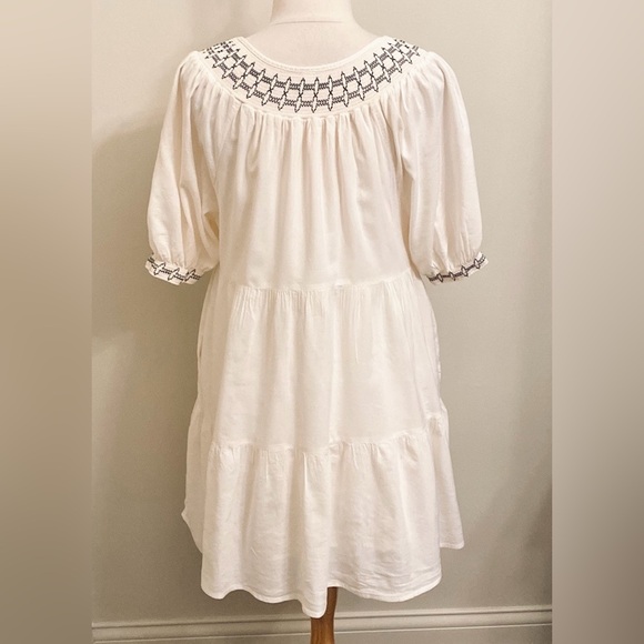 2/$30 Old Navy Cream Smocked Embroidered Short Puff Sleeves Tiered Mini Dress S - Picture 10 of 16